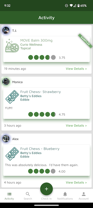 A screenshot of buddz activity view, showing 3 check-ins for various products